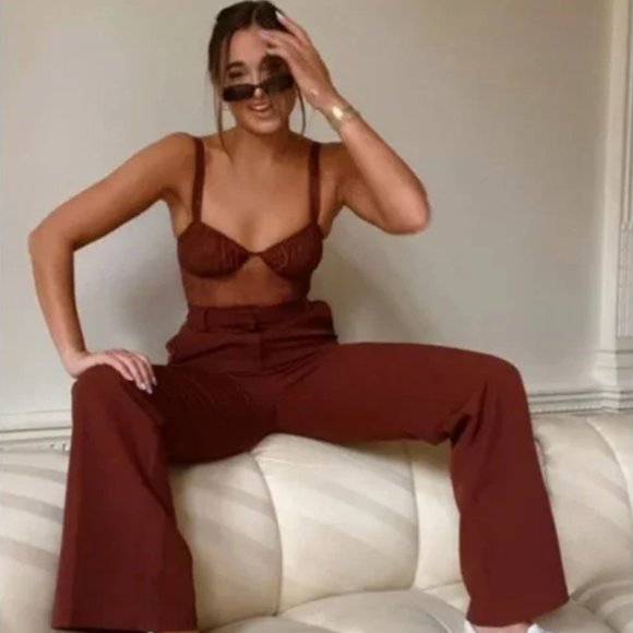 NWT Danielle Bernstein Lace Illusion Thong Bodysuit Warm Brown Mesh - Picture 1 of 5